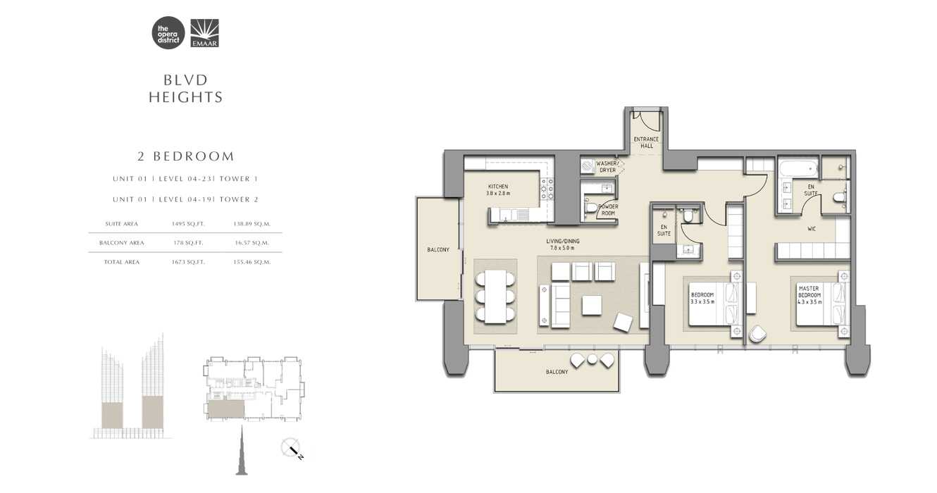 2 Bedroom Unit 01 Tower 1, Size 1671 sq ft